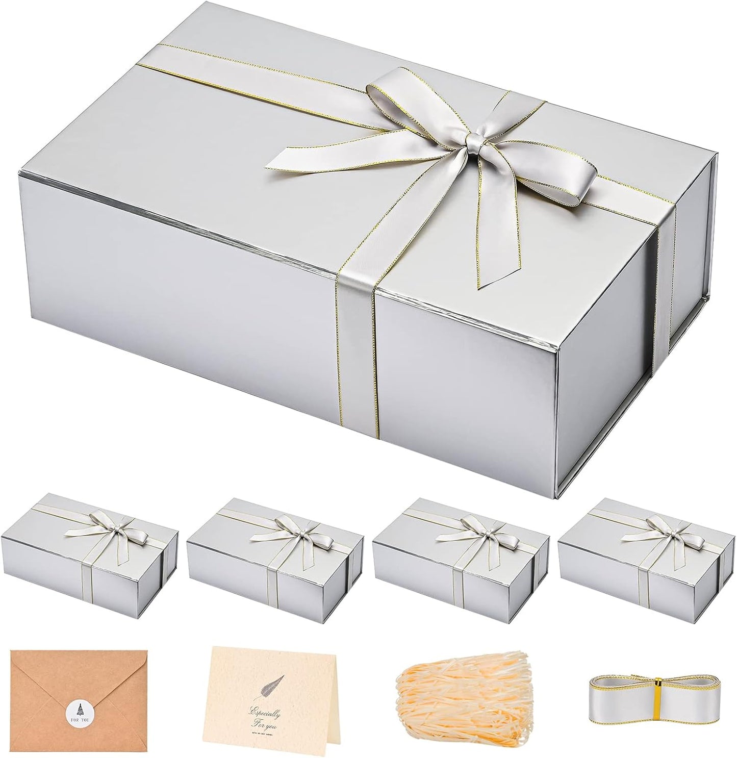 LIFELUM Gift Boxes with Lids,5 Pack 13.85 x 8.35 x 4.45 inch Silver Gift Boxes with Ribbon, Card, Shredded Paper Filler Gift Boxes for Presents,Graduation,Christmas,Birthdays
