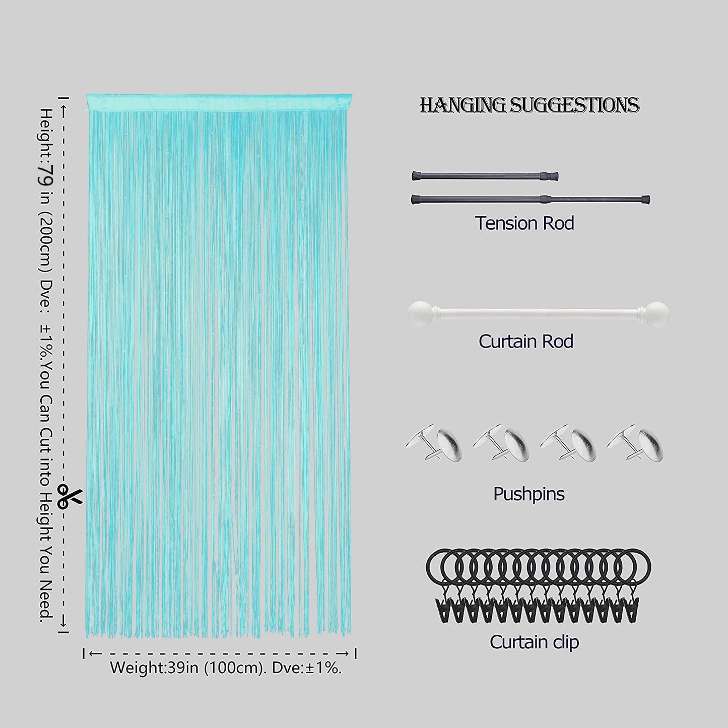 Beaded Curtain Beads Door String Curtains Ideal for Living Room Decor Wall Hanging Fringe Doorway Divider Bedroom Backdrop Hippie Window Closet Privacy Rod Pocket Dense (100x200cm,Teal Blue)