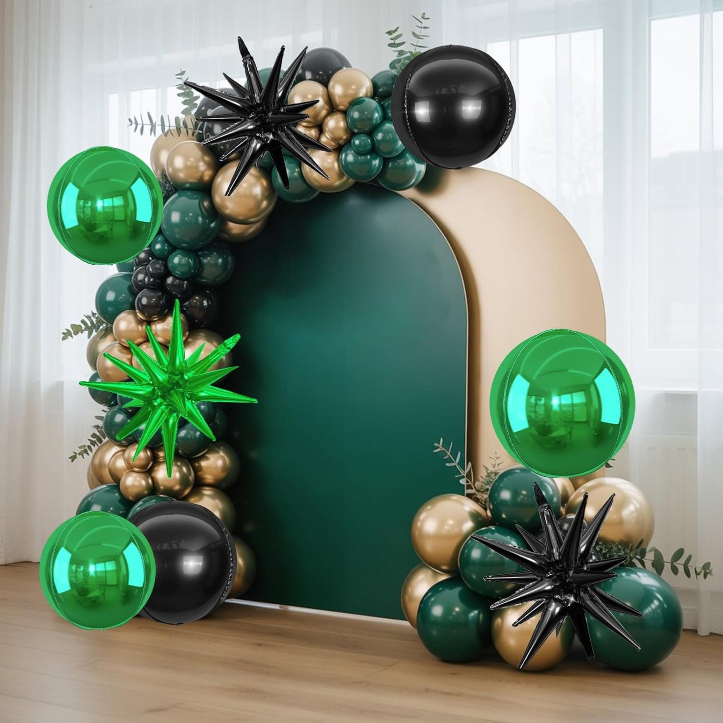 6Pcs Black Green Foil Balloons,22Inch Black Green 4D Round Ball Balloon and Explosion Star Balloon for Birthday Wedding Baby Shower Anniversary Party Decorations