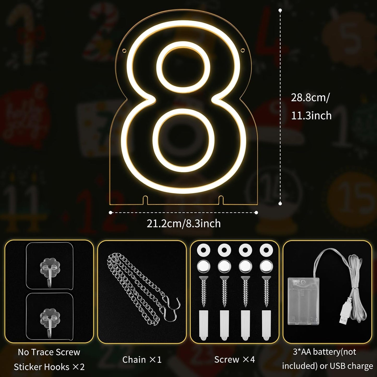 Number 8 LED Neon Sign Backdrop Birthday Party Decoration, 11.3" Height Warm White Marquee Number Eight Light Up Sign for Wedding Anniversary Window Wall Table, Indoor Battery Operated or USB