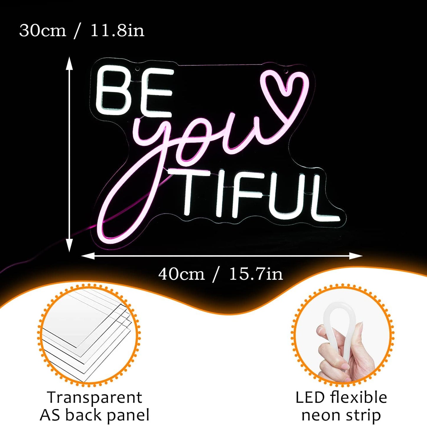 Be Your Tiful Neon Sign Dimmable Letter Neon Signs White Pink Wall Decorative Lights Powered USB with Switch for Bedroom Kid Room Shop Apartment Birthday Party Wedding （15.7’’X11.8’’）