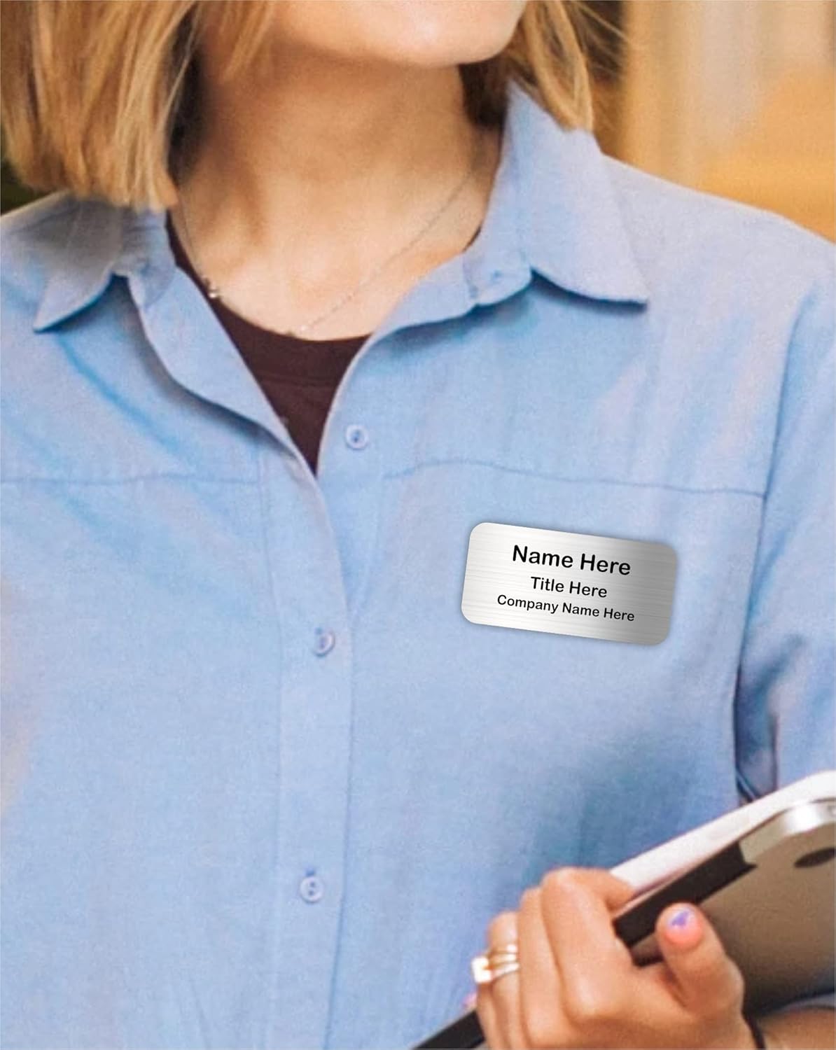 Awards4U Custom Name Tag - Personalized Metal Name Badge with Magnet Backing - Silver, 3"x1.5" - No Logo