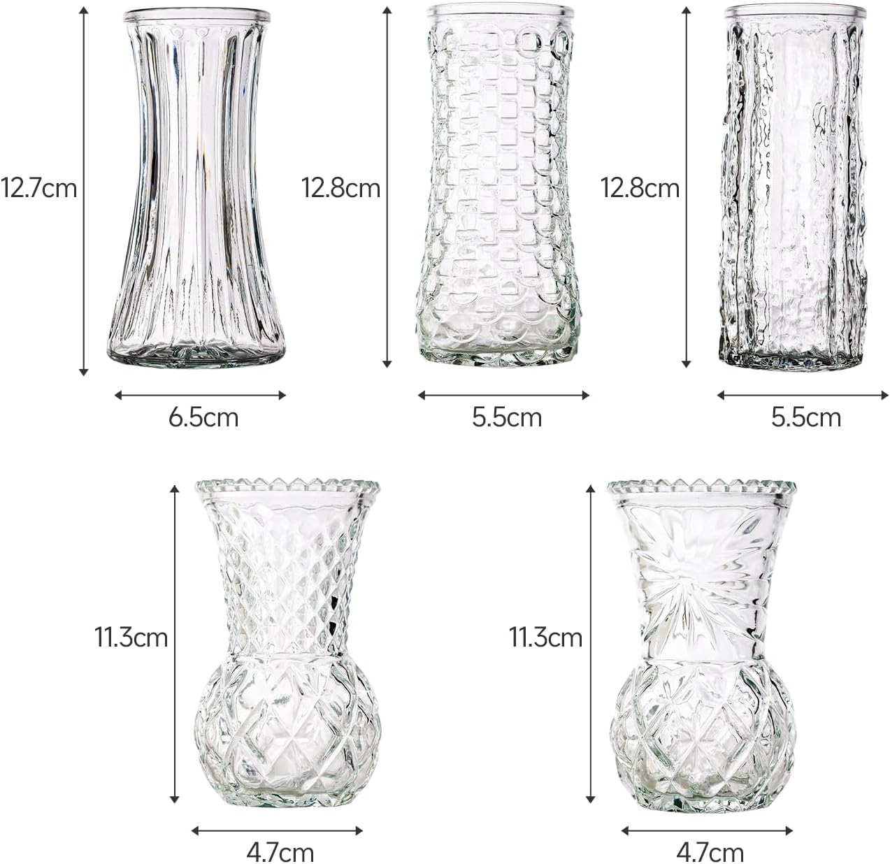 Glass Bud Vase, Transparent Cylindrical, Vintage Style, Wedding Centerpiece (Clear, 5 Pcs)