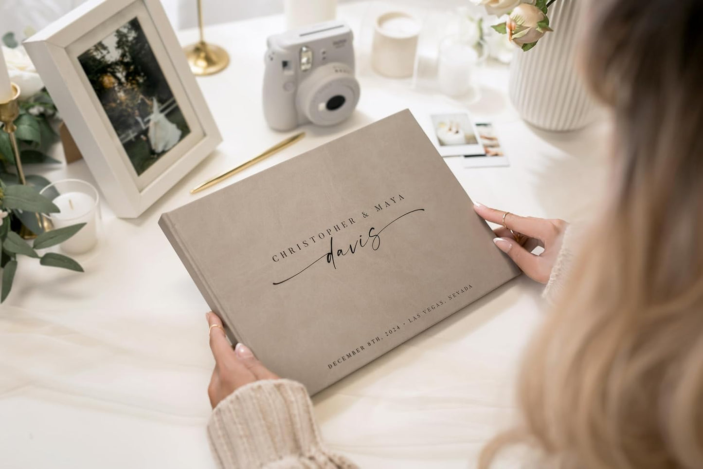 Personalized Guest Book - 11.5" x 8.5" Custom Bride & Groom Names with Bookmark and Hard Cover 140 GSM Blank Pages, for Weddings Guest Book, Engagements, Birthdays, Special Events, Taupe