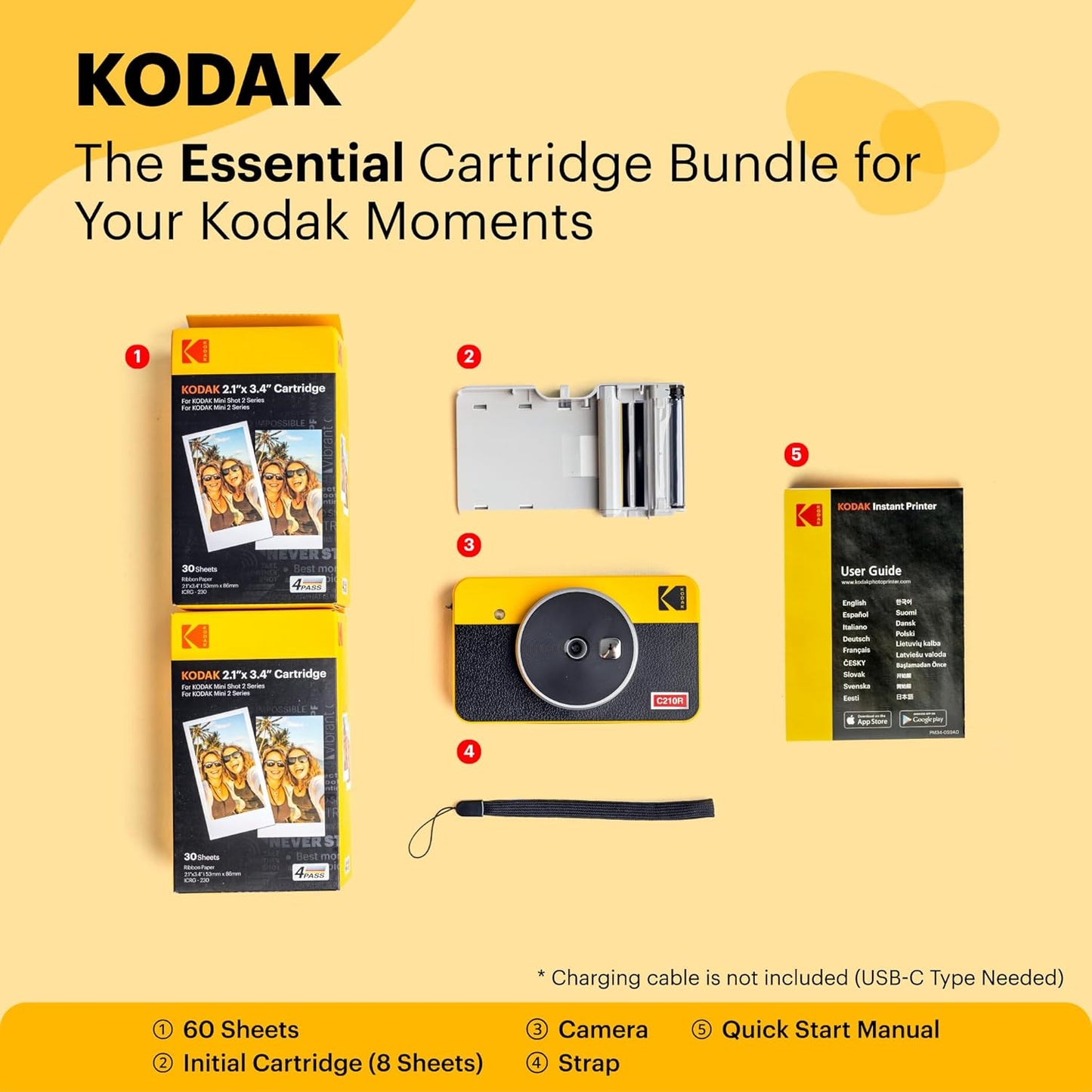 KODAK Mini Shot 2 Retro 4PASS 2-in-1 Instant Digital Camera and Photo Printer (2.1x3.4 inches) Initial 8 Sheets + 60 Sheets Bundle, Yellow