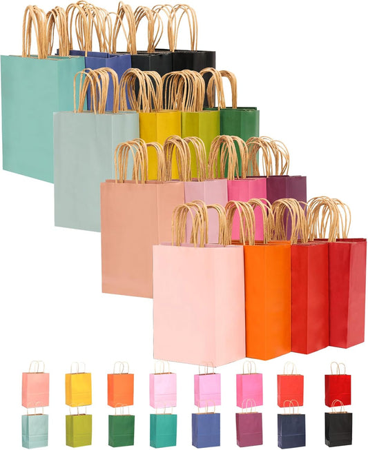 qiqee Small Size Paper Gift Bags With Handles 8.3"x6"x3.15" 16 Solid Colors Party Favor Bags（16-Packs）