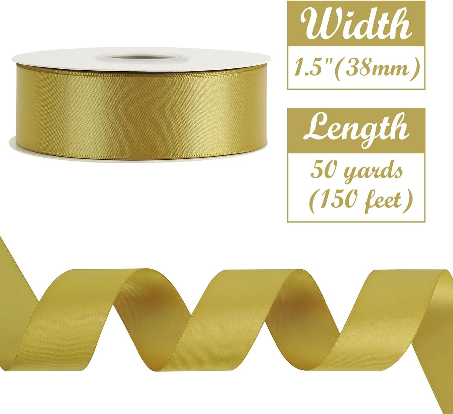 HUIHUANG Gold Satin Ribbon 1-1/2 inch x 50 Yards Dijon Gold Double-Faced Satin Ribbon for Gift Wrapping, Bows, Flower Bouquet, Crafts, Bridal Shower Wedding Decor, Christmas Tree