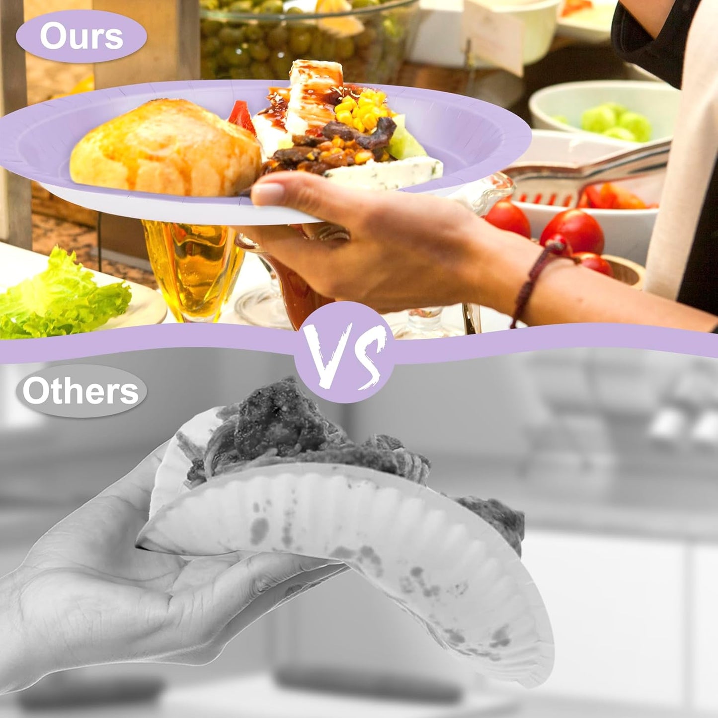 QZYL 50 Count Oval Paper Plates, 12.2'' X 10.2'' Large Lavender Disposable Plates for Daily Dinner, Wedding, Birthday, Party, Picnic, Baby Shower, Barbecue