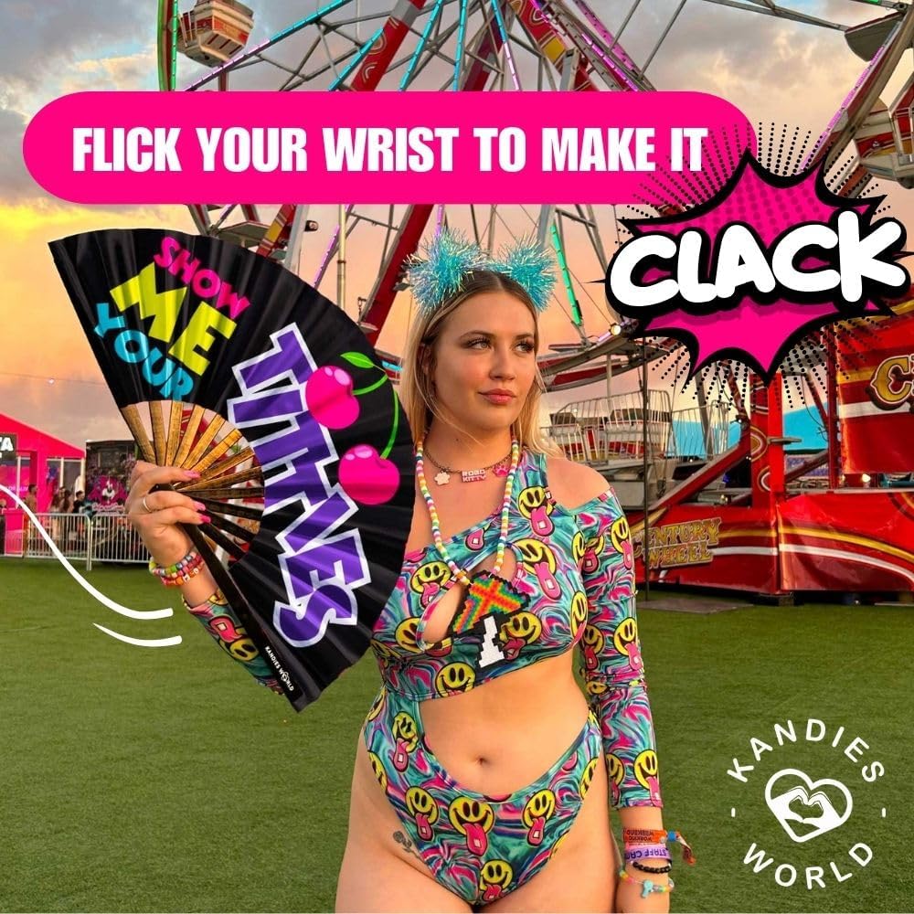 Kandies World UV Reactive Custom Festival Folding Hand Fan - Unique Designs, Made of Bamboo, Clacking Sound, Lightweight - Perfect Rave and Festival Accessory!