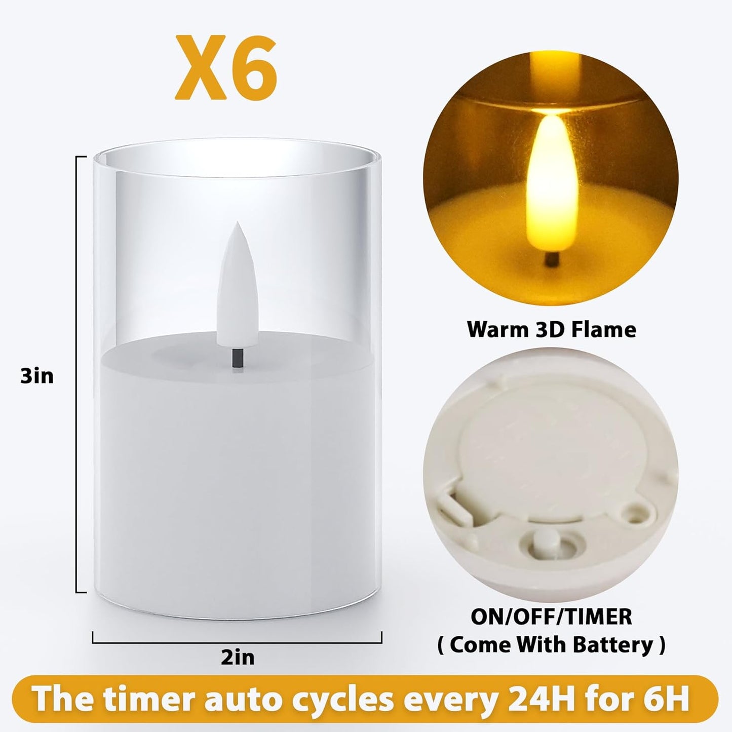 6Pack Flickering Flameless LED Candles with Timer, Battery Powered - Small Pillar & Votive, Clear (2"X3")