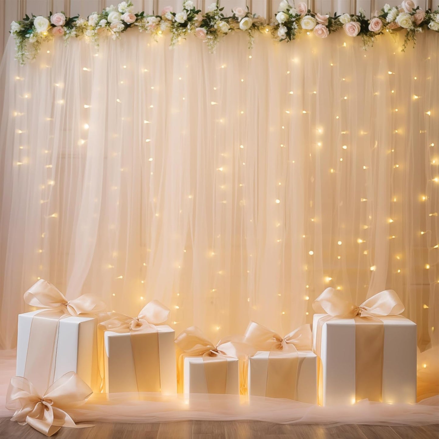 30×10ft Champagne Tulle Backdrop Curtain with Lights String for Parites, Sheer Photo Backdrop Curtains for Wedding Party Photography Background