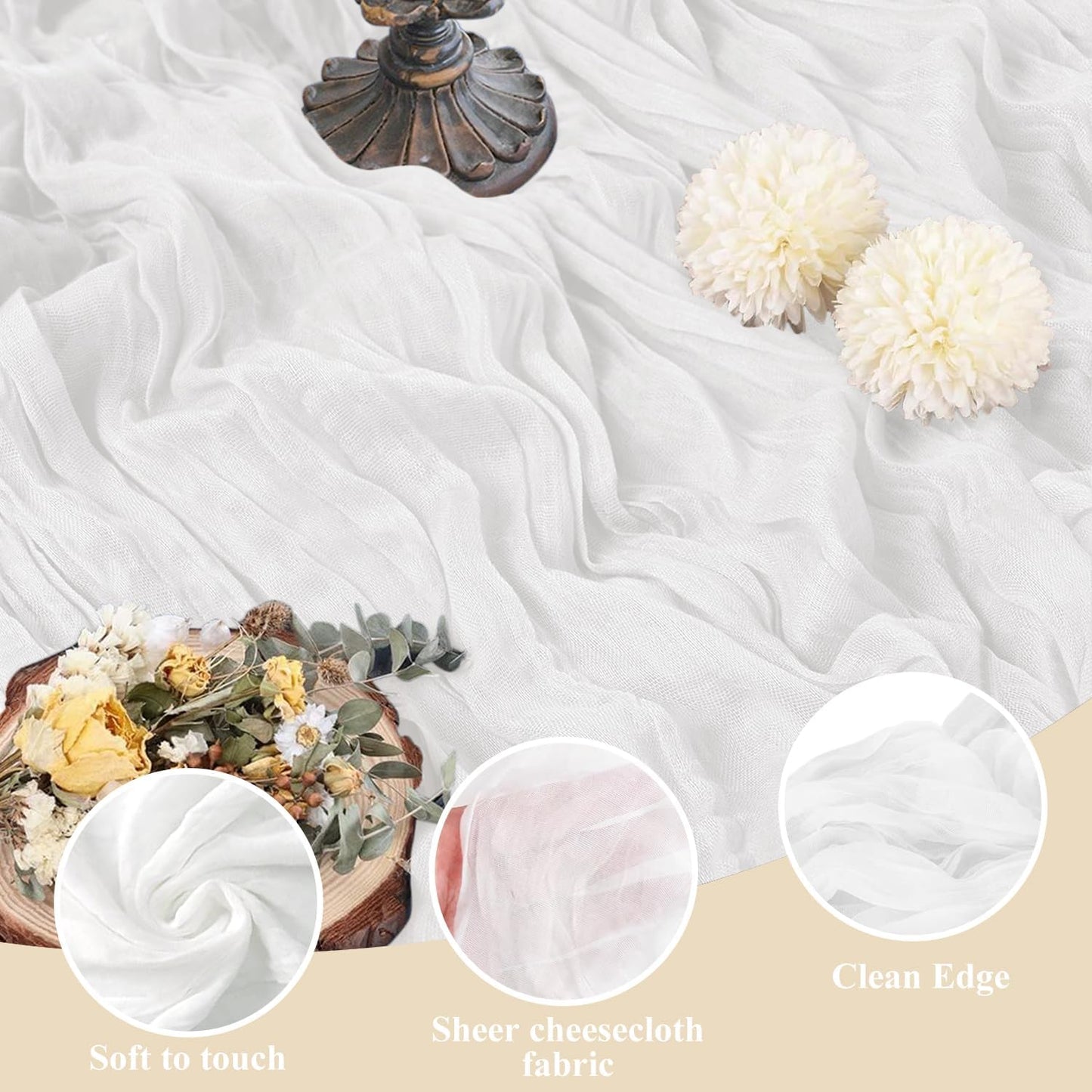 Asee'm 2pcs Cheesecloth Table Runner 120 Inches Long Ivory Boho Gauze Cheese Cloth Runner 10FT Rustic Sheer Table Runners for Christmas Wedding Party Baby Shower Spring Easter Decoration