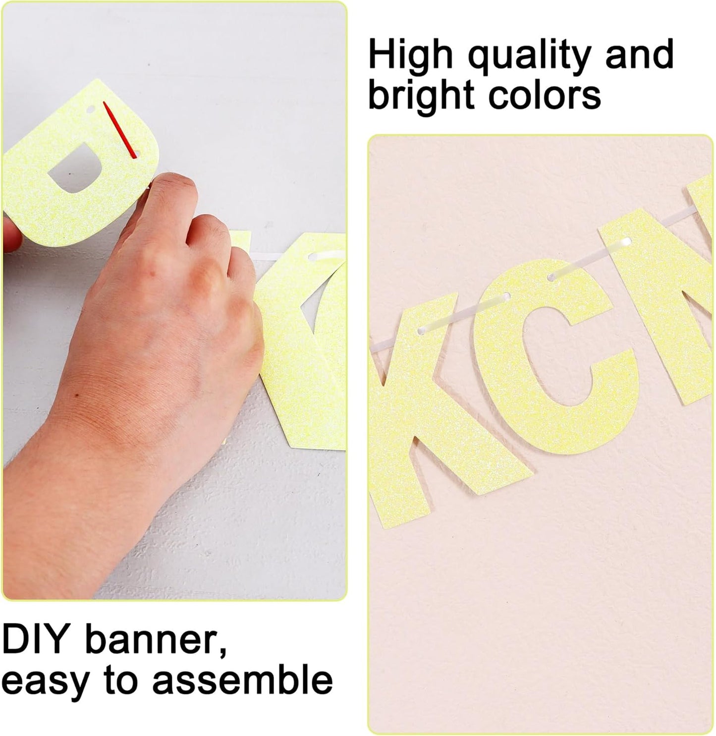 BEISHIDA 116 PCS Glitter Color Yellow DIY Letter Banner Kit Make Your Own Banner，Including 111 Letters and Numbers 3 Rope and 8 Threading Device,Customized for Birthday Graduation Wedding Party Decor