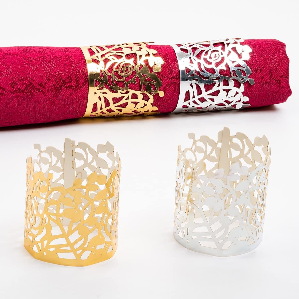 100pcs Disposable Rose Flower Paper Napkin Rings Laser Cut Foil Paper Napkin Holder, Leaf Vine Serviette Rings for Table Decoration,Christmas,Wedding,Party (Gold) (Pack of 2)