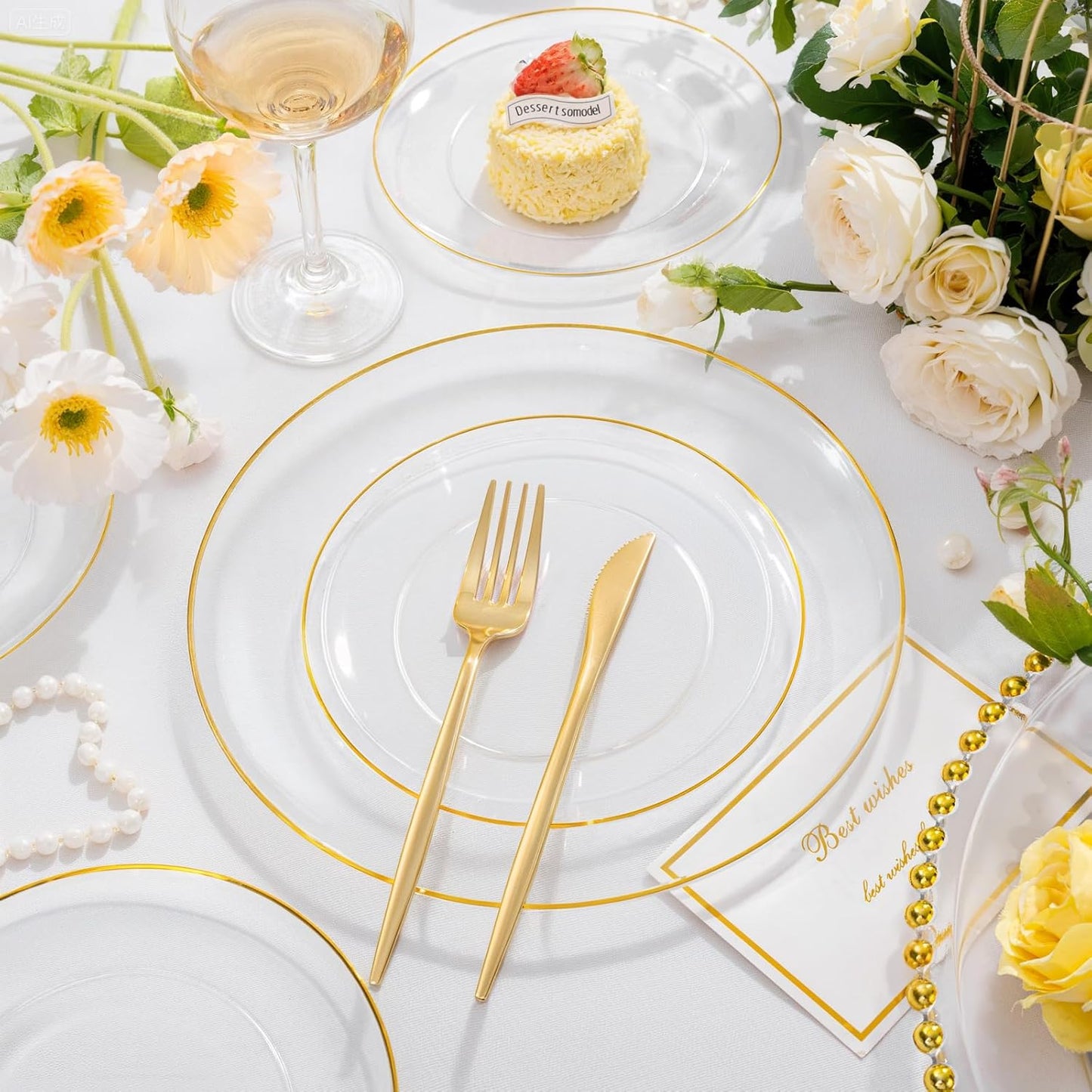 bUCLA 200PCS Clear and Gold Plastic Plates - Clear Disposable Plates with Gold Rim, Includes 100 PCS 10 inch Dinner Plates and 100 PCS 7 inch Dessert Plates for Party&Wedding