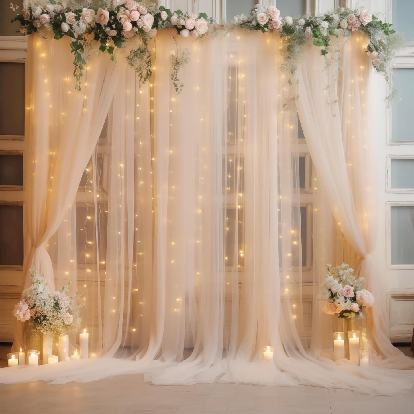 20×10ft Champagne Tulle Backdrop Curtain with Lights String for Parties, Sheer Curtain Backdrop Drapes for Wedding Party Photography Background