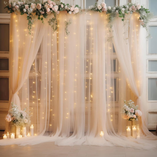 20×10ft Champagne Tulle Backdrop Curtain with Lights String for Parties, Sheer Curtain Backdrop Drapes for Wedding Party Photography Background