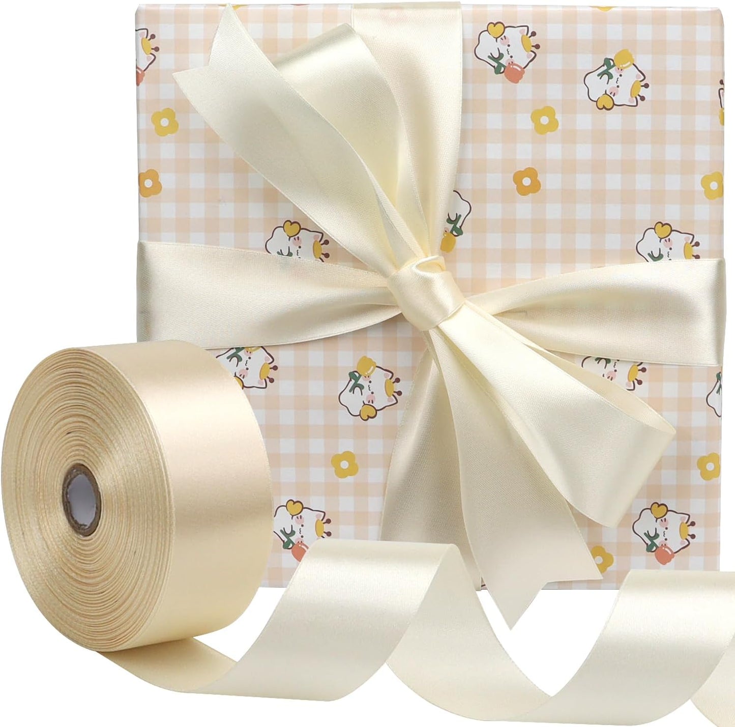Rice White Solid Satin Ribbon 1-1/2 Inch 50 Yards Solid Polyester Fabric Ribbon for Gift Wrapping Wedding Christmas Baby Shower Birthday Party Decoration Handmade Immortal Flower Craft