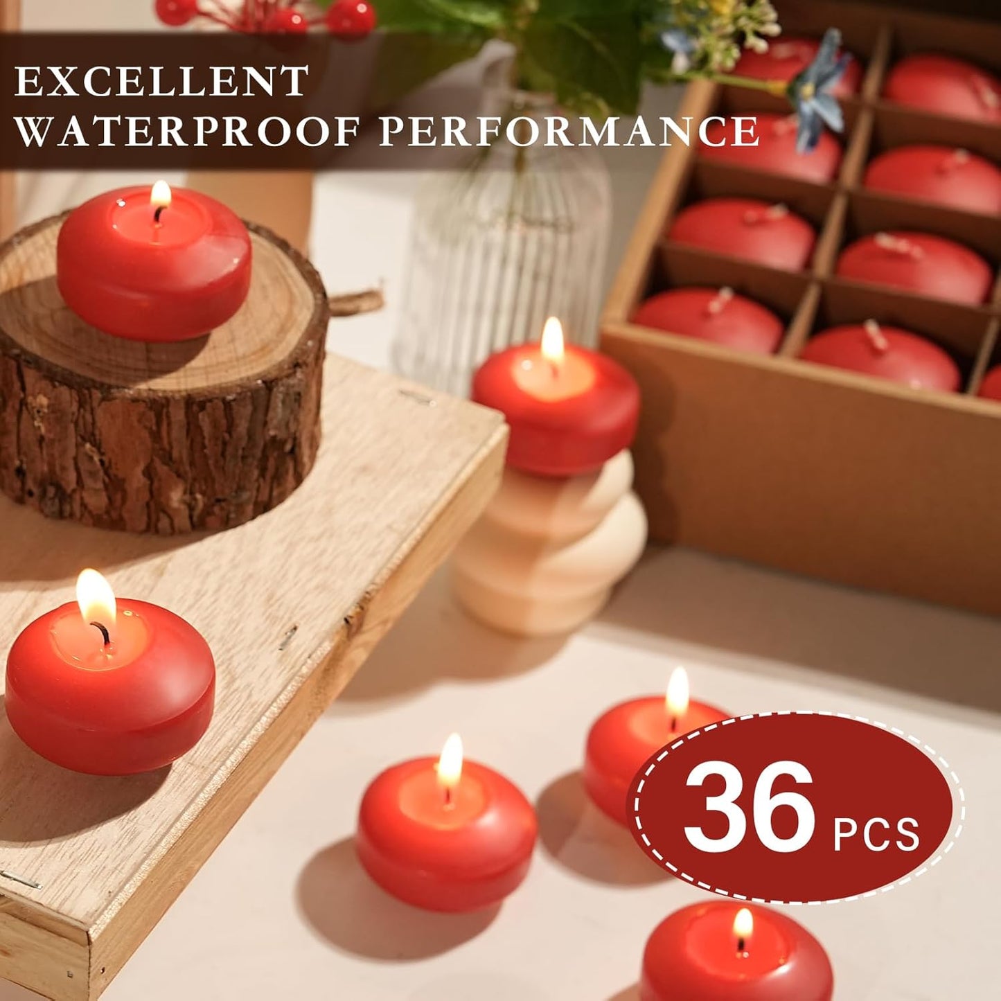 2 inch Red Floating Candles, 36 Pack Unscented Floating Candles for Centerpieces,5-6 Hours Water Activated Candle Bulk for Cylinder Vases Wedding Pool Bathtub