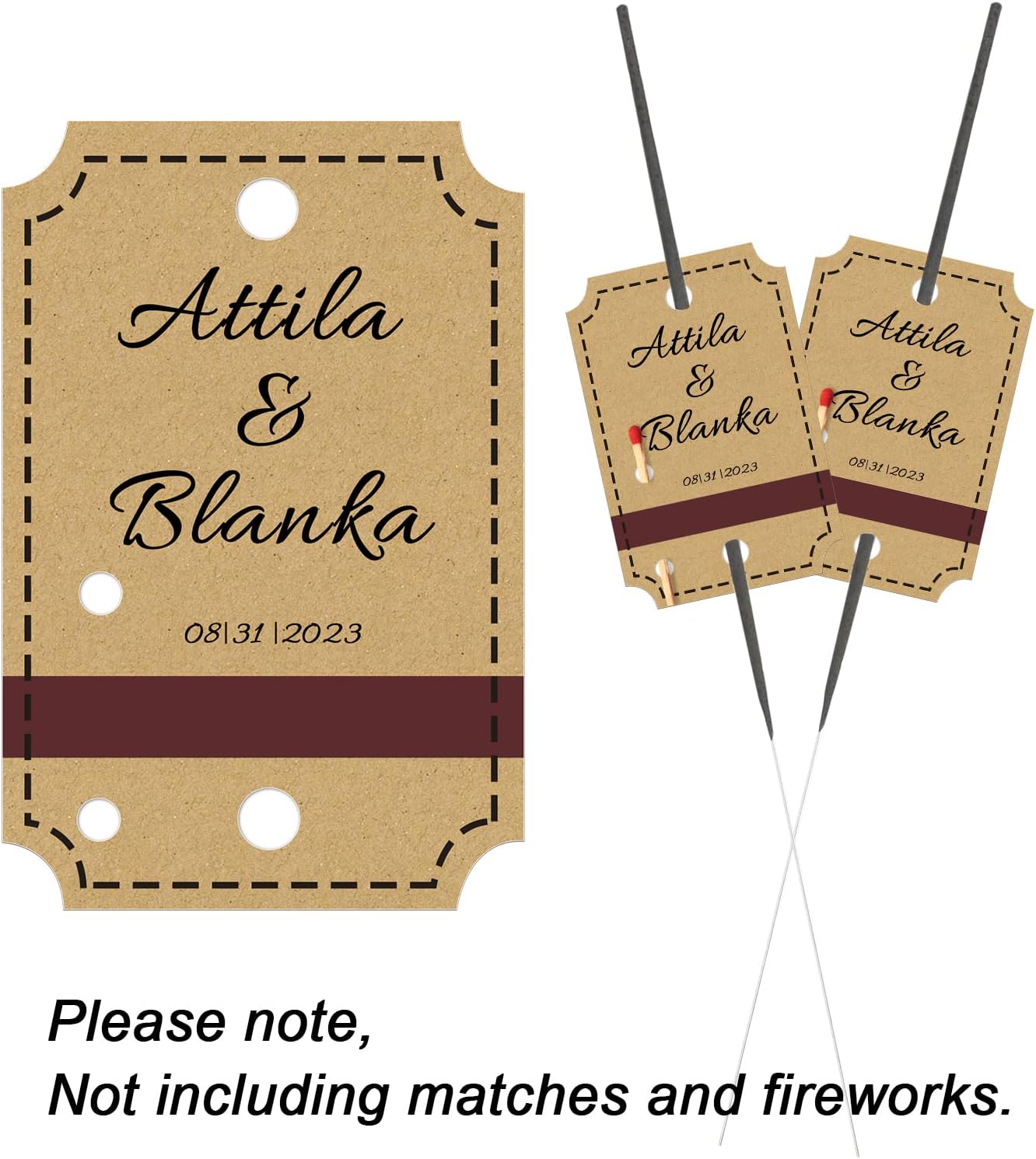 Sinseike Personalized Sparkler Tags with Match Strike Strip Wedding Favors,Custom Kraft Wedding Sparkler Tags (Personalized)