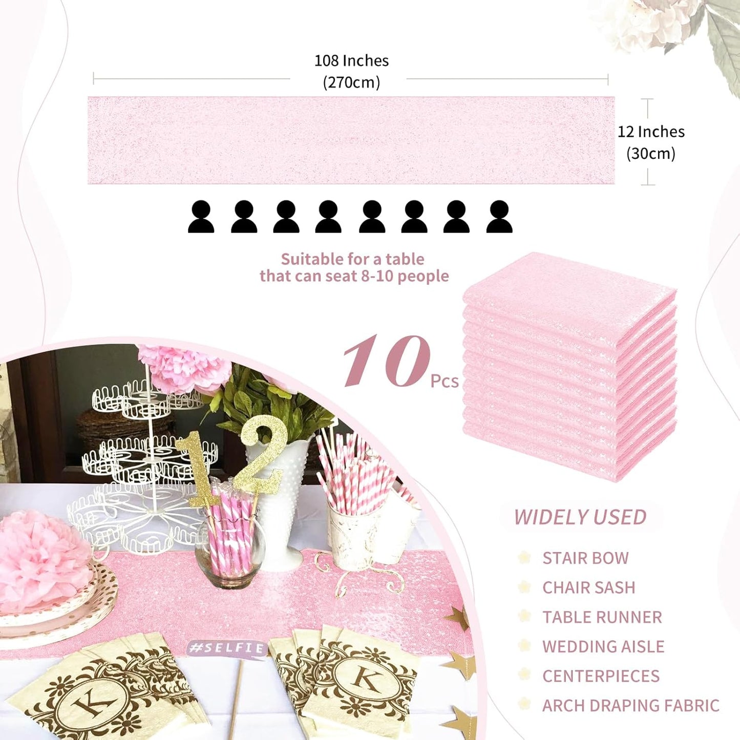 Pink Table Runners 10 Packs 12x108 Inches Glitter Table Runner Wedding Sequin Fabric for Birthday Bridal Baby Shower Engagement Party Decorations