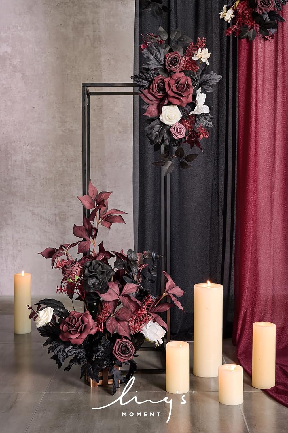 Ling's Moment 17.5" Tall Free Standing Artificial Flowers Arrangements 4 pcs Wedding Aisle Runner Chair Decorations Black Burgundy for Ceremony Reception Rose Floral Party Outdoor Centerpieces
