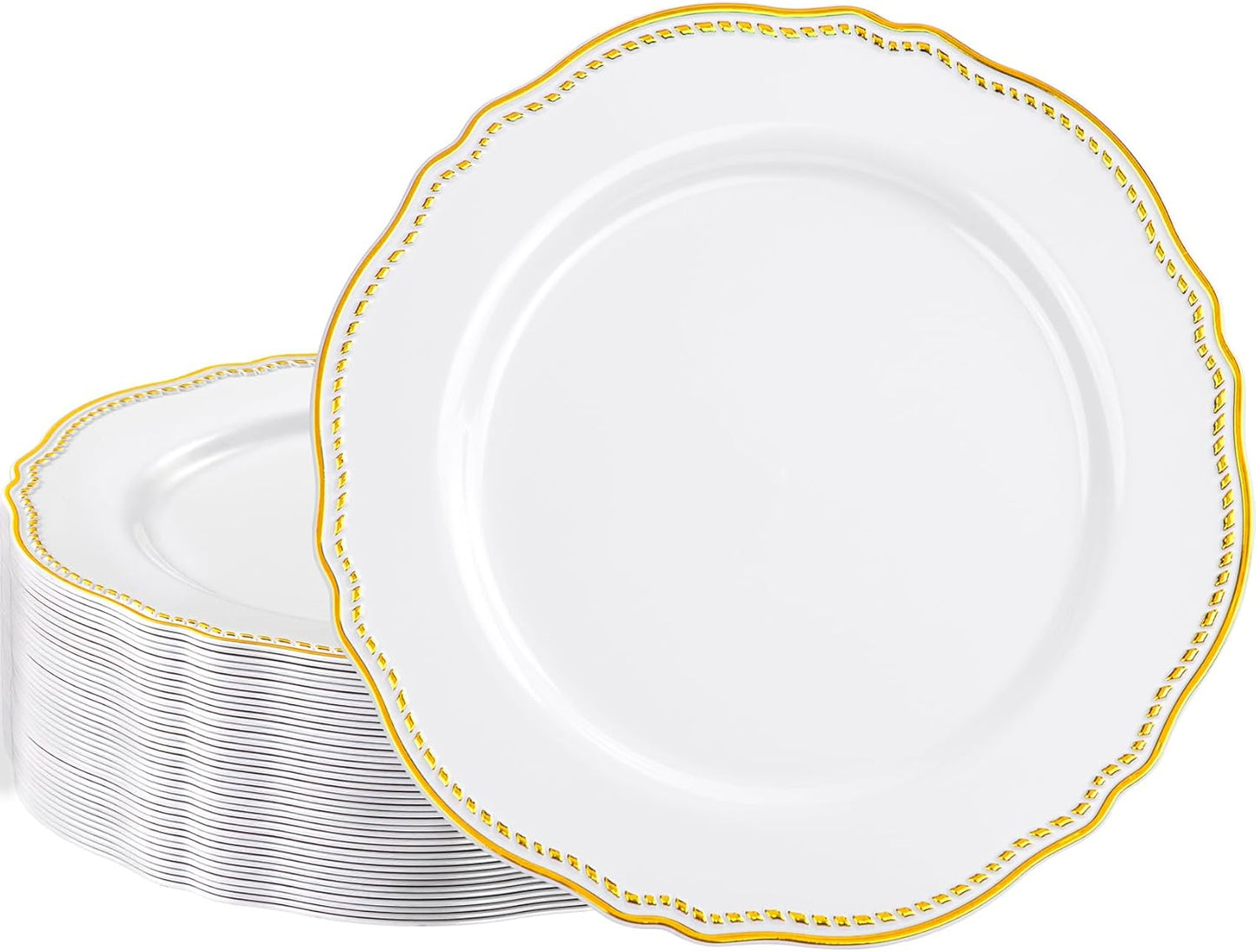 Hioasis 60pcs Gold Plastic Plates - White and Gold Disposable Dinnerware with Gold Rim, Heavy-duty, 10.25 inch, Dinner Plates for Party & Wedding