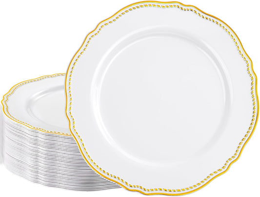 Hioasis 60pcs Gold Plastic Plates - White and Gold Disposable Dinnerware with Gold Rim, Heavy-duty, 10.25 inch, Dinner Plates for Party & Wedding