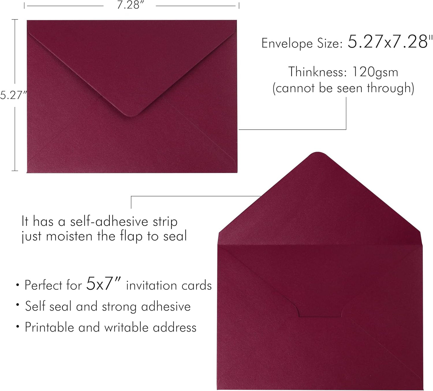 PONATIA 50 PCS/Pack A7 Envelopes, 5.25 x 7.5'' Shiny Burgundy Envelope, 5x7'' envelopes Perfect for Wedding Invitation Cards, Greenting Card, Christmas Gift Cards Envelopes