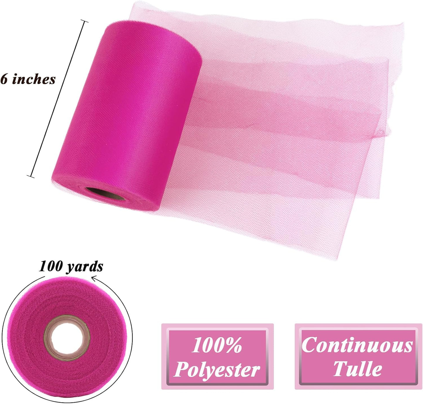 Hot Pink Tulle Fabric Roll 6” by 100 Yards (300 ft) Soft Tulle Spool for DIY Crafting Favor Supplies, Tutus, Wedding, Party Decorations, Gift Wrapping