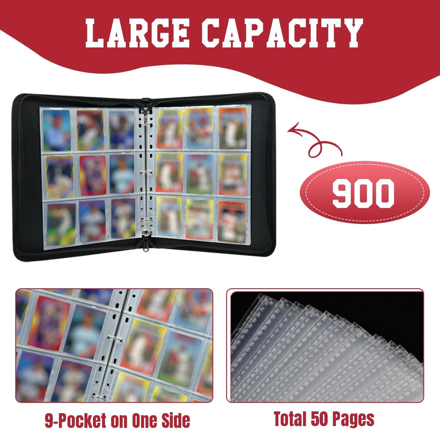 Trading Card Binder 9 Pocket - Baseball Card Binder with Sleeves 900 Double Sided Pockets Sports Trading Cards Album Cards Holder Protectors Set Fit for Game Cards, Sports Cards
