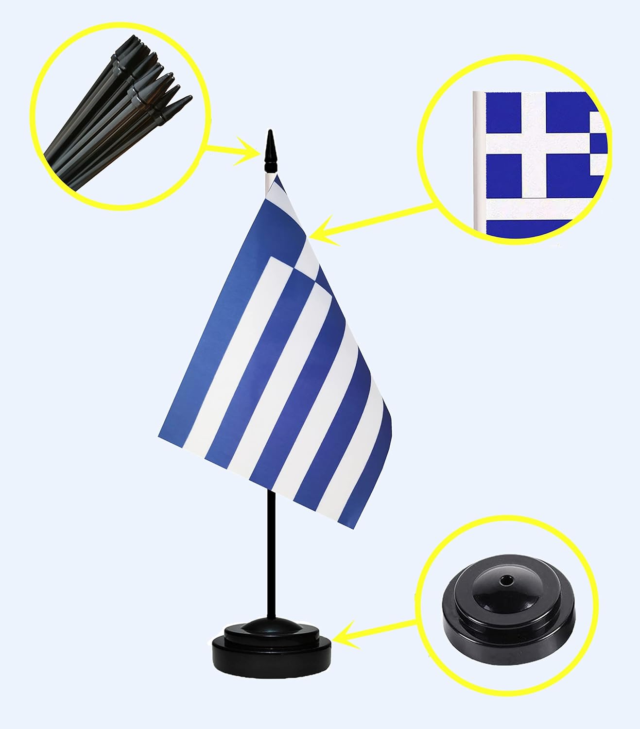 Greece Greek Deluxe Desk Flag Set, Small Mini Miniature Greece Greek Table Desktop Flags With Solid Pole, Black Base and Spear Top(2 Pack)