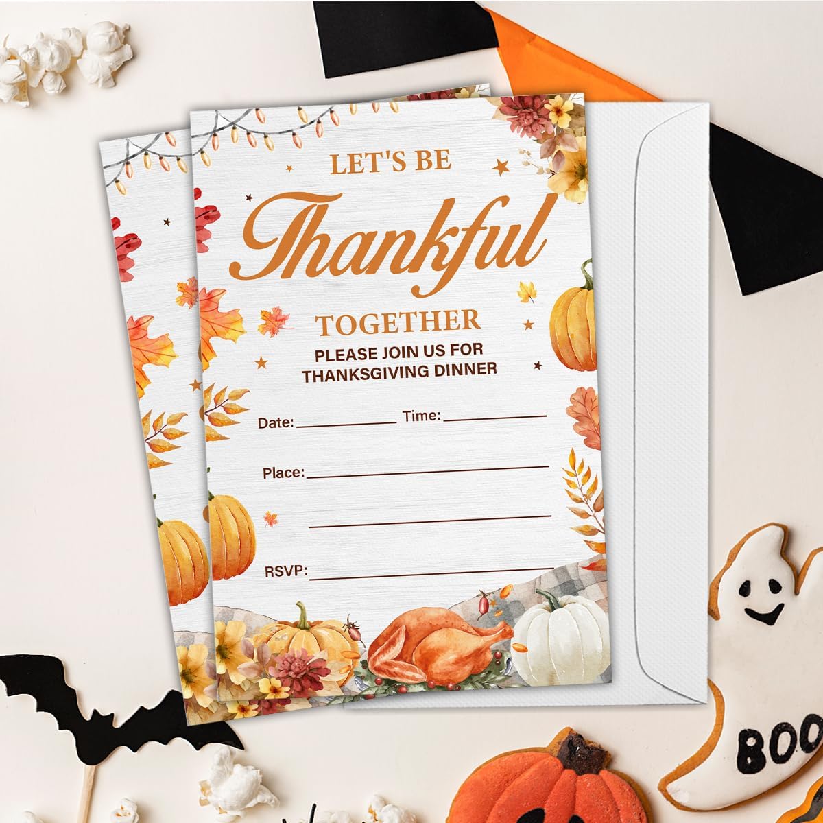Thanksgiving Party Invitations, Fall Pumpkins Friendsgiving Thanksgiving Dinner Party Fill in Invites Cards With Envelopes (20 Count) Double Sided Design, Let's be Thankful Together