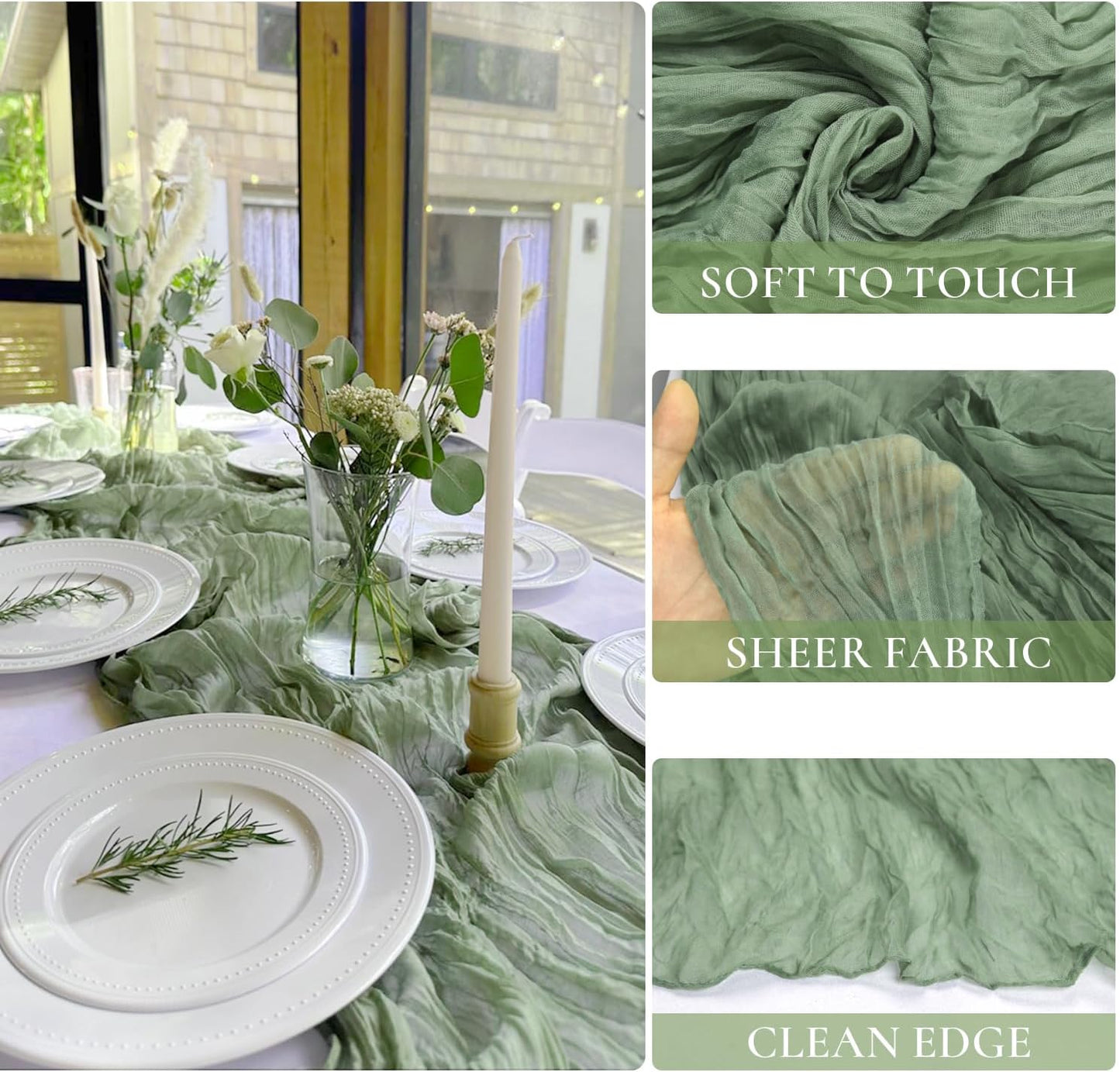 3 Pack Sage Green Cheesecloth Table Runner 10FT 120 Inches Green Gauze Table Runner for Wedding Bridal Shower Baby Shower Fall Thanksgiving Boho Decoration