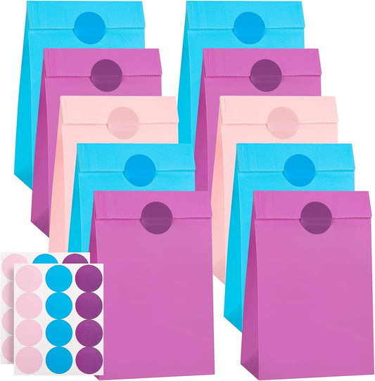 Cooraby 30 Pieces 5.1 x 3.1 x 9.4 Inches Colorful Kraft Paper Bags with 48 Stickers Party Treat for Wedding, Celebration, Birthday Party Supplies (Sky Blue, Light Purple, Pink)