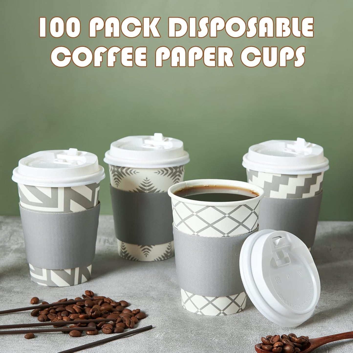 LITOPAK 100 Pack 12 oz Paper Coffee Cups with Lid, Sleeve, and Straws, Four Designs of Disposable Hot Coffee Cups for Home, Stores, and Cafes