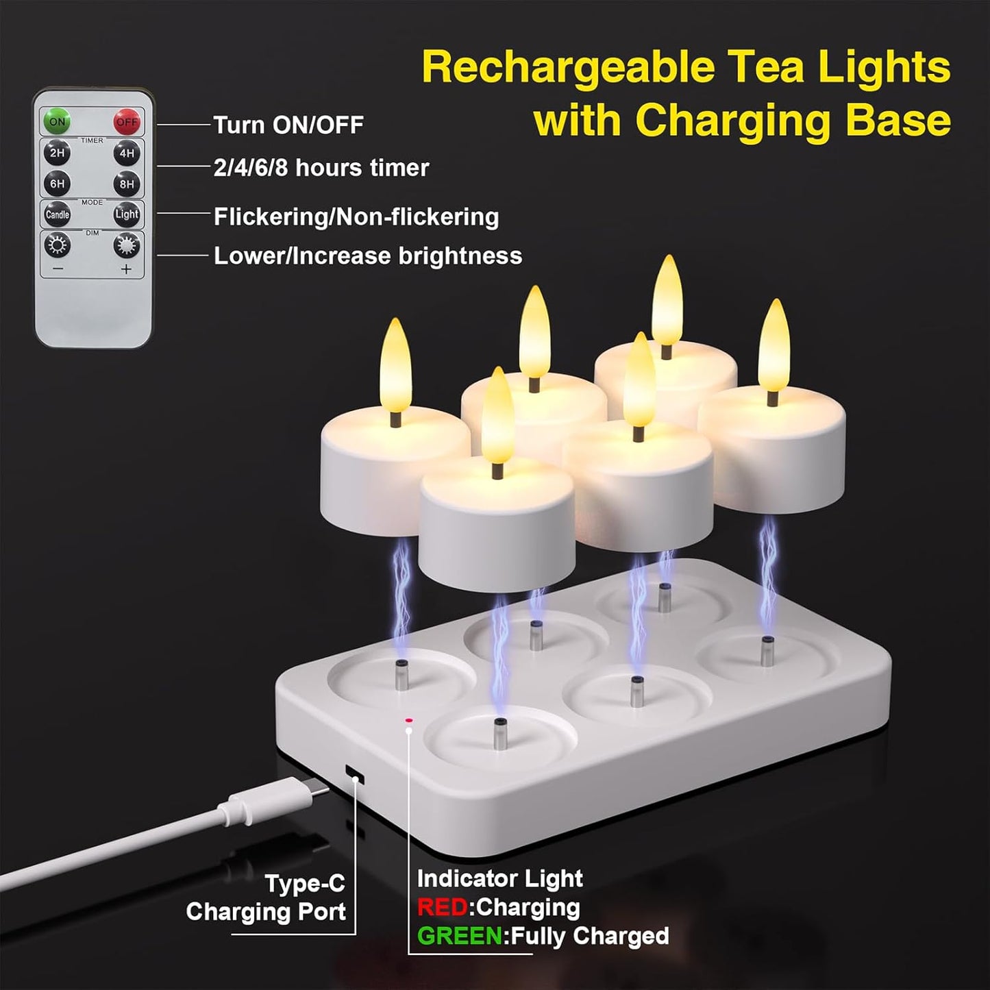 Flameless Tea Lights Candles with Charging Station, LED Tea Lights Candles with Remote Control Timer for Wedding, Christmas, Halloween,Anniversary, Home Decor, 6-Pack