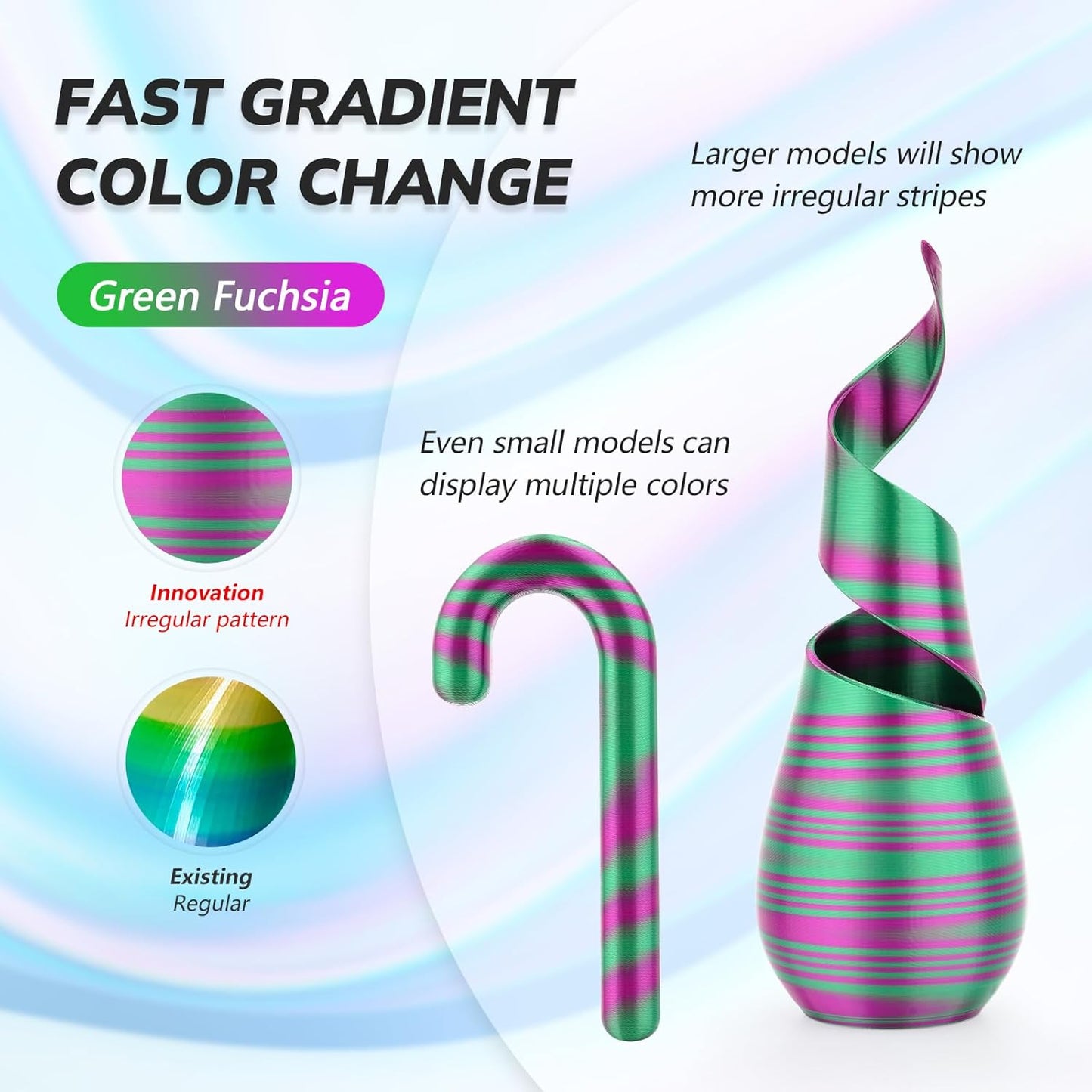 AMOLEN Silk PLA 3D Printer Filament, Shiny Multicolor Rainbow PLA Filament 1.75mm, Fast Color Change PLA 3D Printing Filament for Most FDM 3D Printer, Green Fuchsia, 1kg (2.2lbs)