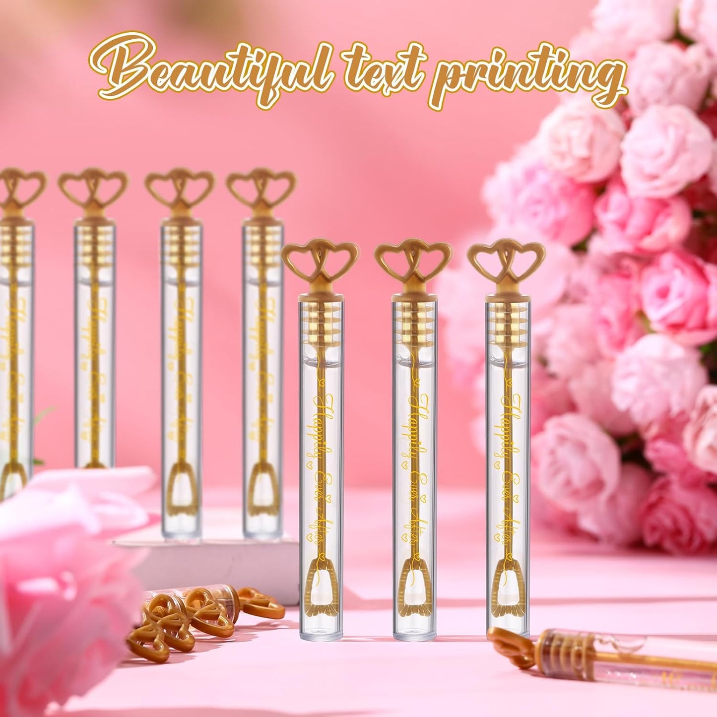 150 Pcs Bubble Wands Bulk for Wedding Party Mini Heart Wand with Bubble Solution for Wedding Bridal Showers Valentine Anniversary Graduation Birthday Supplies(Gold,Happy Ever After)
