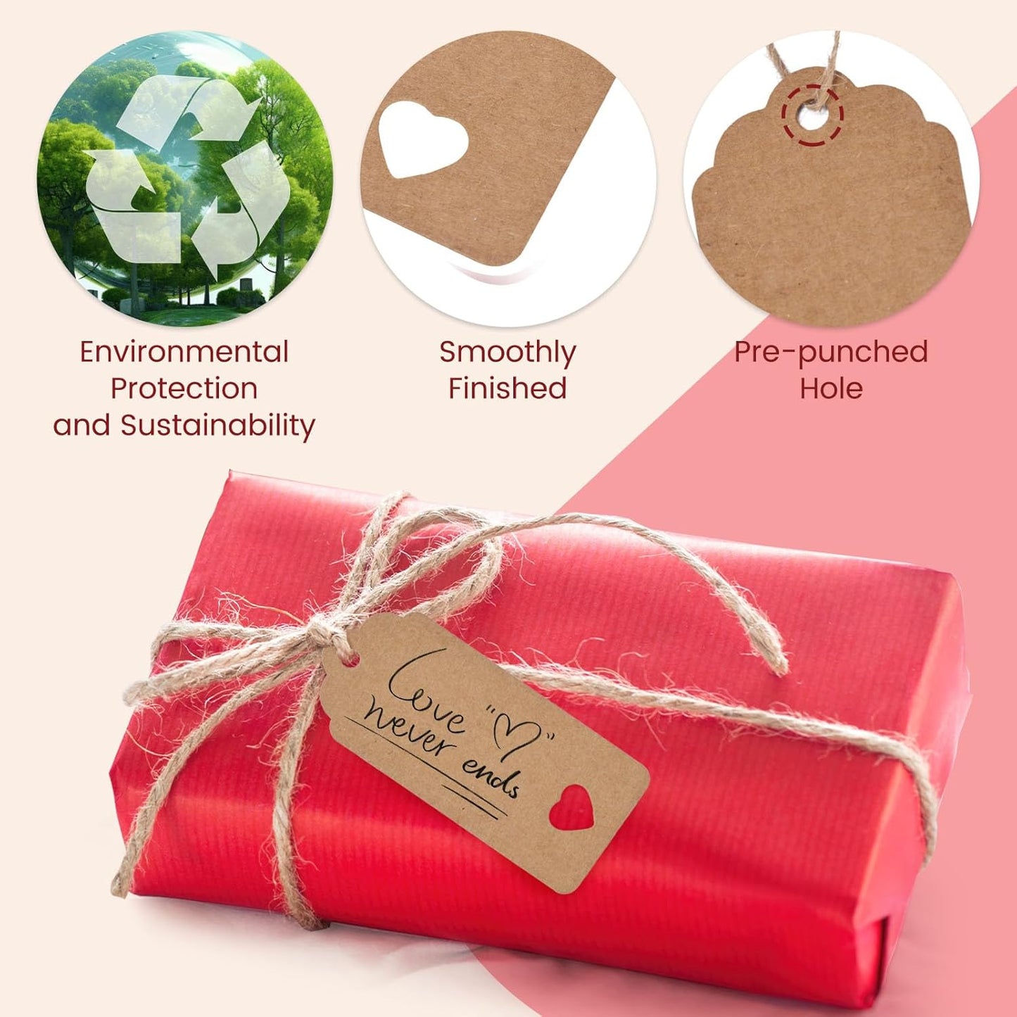 SallyFashion 200Pack Gift Tags with String Attached, 3 Different Designs White and Brown Blank Labels Gift Tags with Strings Hanging for Wedding Party Favor