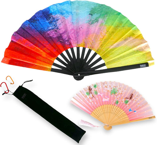 Large Rave Fan - 2 Pack Handheld Folding Fans With Holder - Accessories for Festivals, EDM, Burlesque, Drag Queen, Raver Gifts (Meteorite)