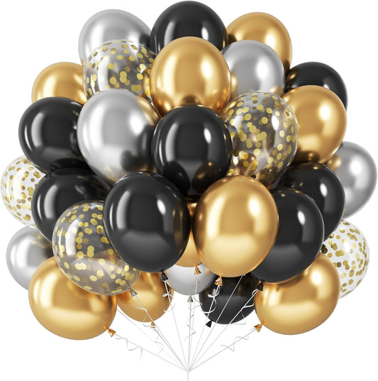 Latex Balloons with Gold Confetti Helium Party Balloons for Birthday Anniversary Wedding Retirement New Year Decoration, Black White Gold (BS-001)