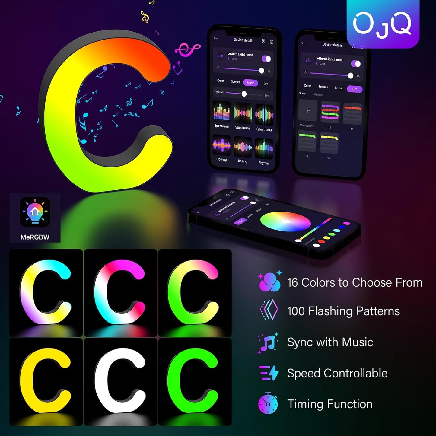 OJQ Light Up Letters LED Letter - Marquee Letters Room Decor Alphabet Letter Music Sync Color Change Colorful - Christmas Birthday Gifts for Girl - Teen Girls Gifts Party Home Wall Decor