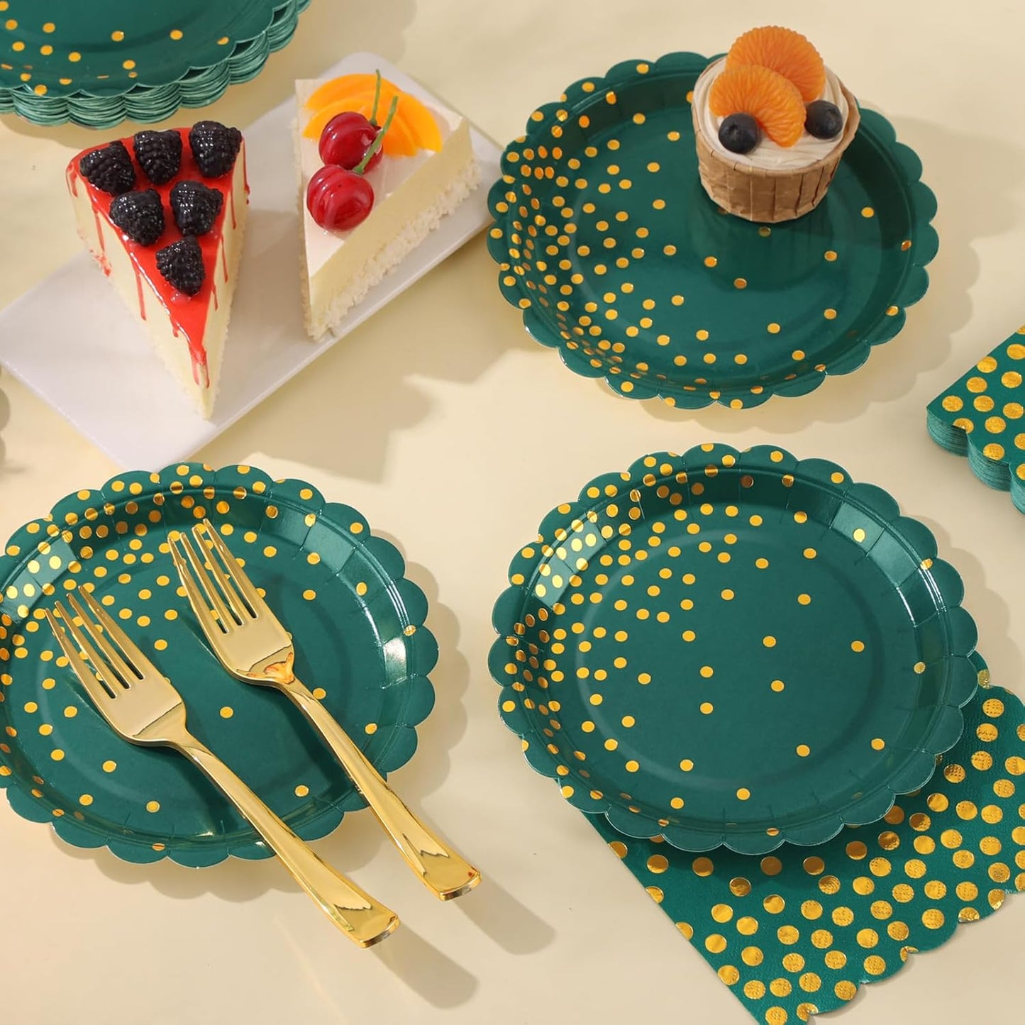105PCS Green Plates and Napkins Party Supplies, Green and Gold Birthday Party Decorations, 7” Dessert Paper Plates for Wedding Baby Shower Graduation Decorations, Serves 35