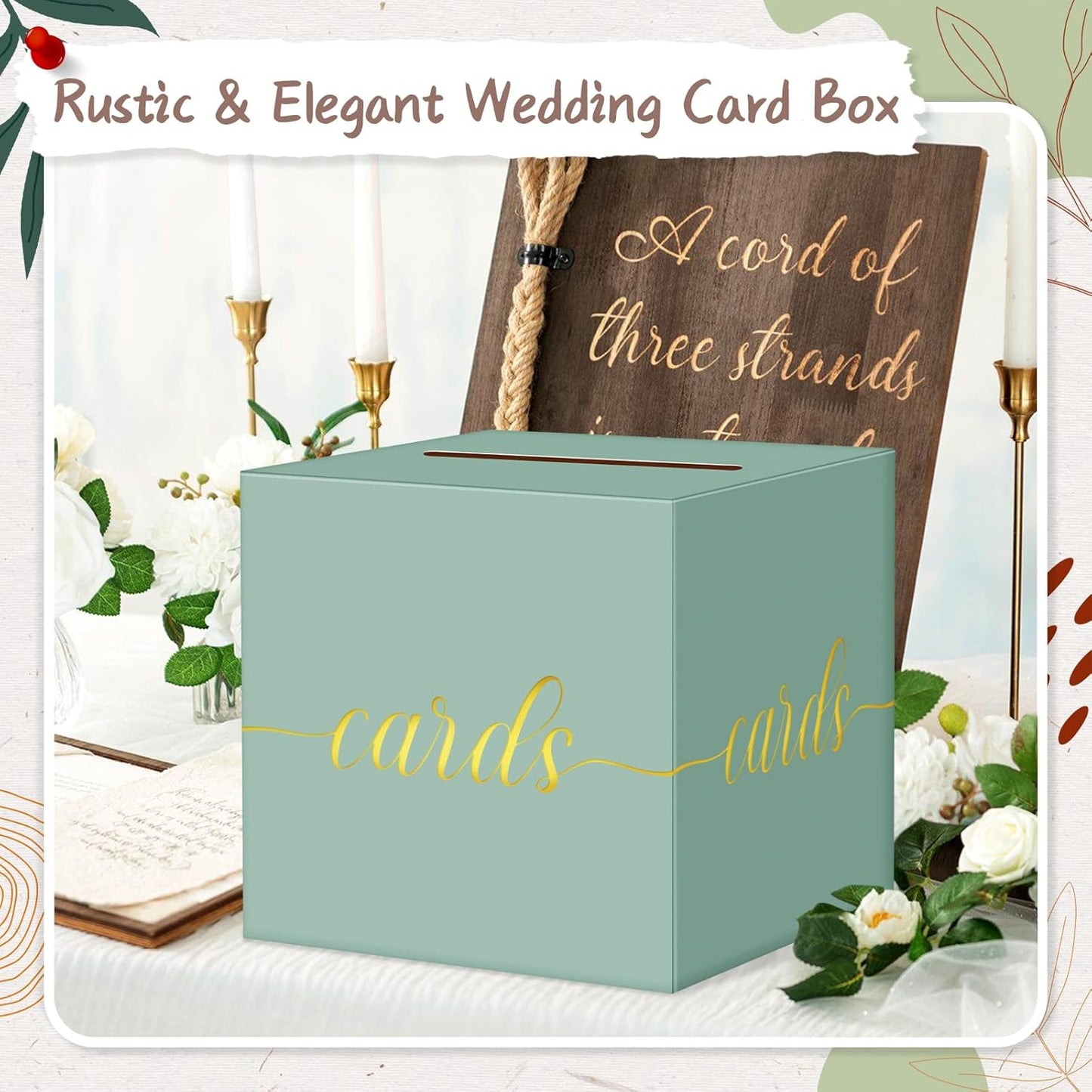 QIKSION Sage Green Wedding Card Box, Gold Foil Gift Card Box for Party, Wedding Reception, Birthday, Baby Shower, Raffle, Graduation