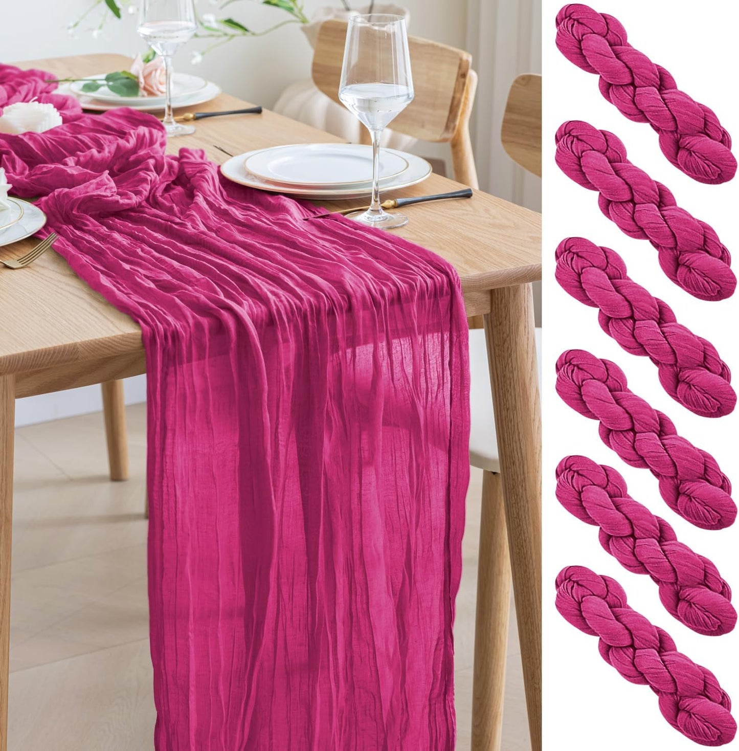 Asee'm 6pcs Cheesecloth Table Runner 120 Inches Long Fuchsia Boho Gauze Cheese Cloth Runner 10FT Rustic Sheer Table Runners for Christmas Wedding Party Baby Shower Spring Easter Decoration