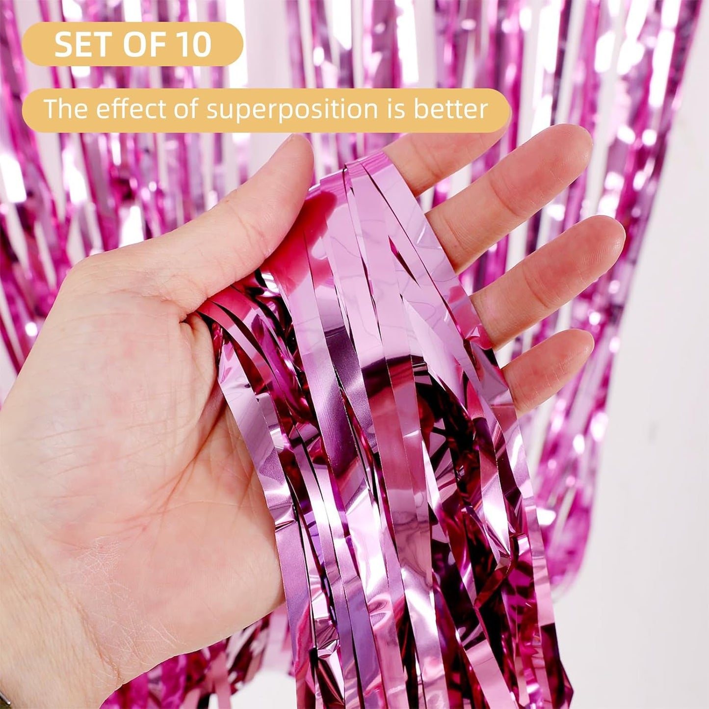 10 Pack Pink Foil Curtain Backdrop 3.2ft x 9.8ft Metallic Tinsel Foil Fringe Curtains Streamer Photo Booth Backdrop for Birthday Party Engagement Bachelorette Party Decorations (Pink)