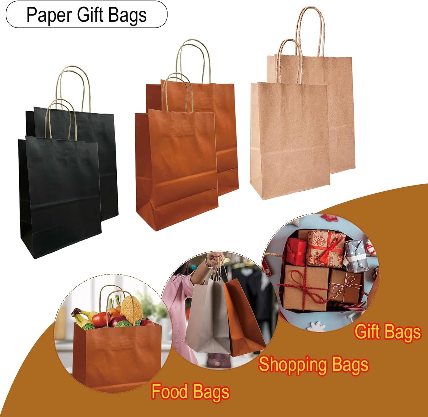 BAG BOX 100 Pack 5.9x3.1x8.25 Inch Orange Gift Bags with Handles,Bulk Kraft Paper Bags for Shopping, Retail, Merchandise, Wedding, Party Favors, Paper Grocery Sacks