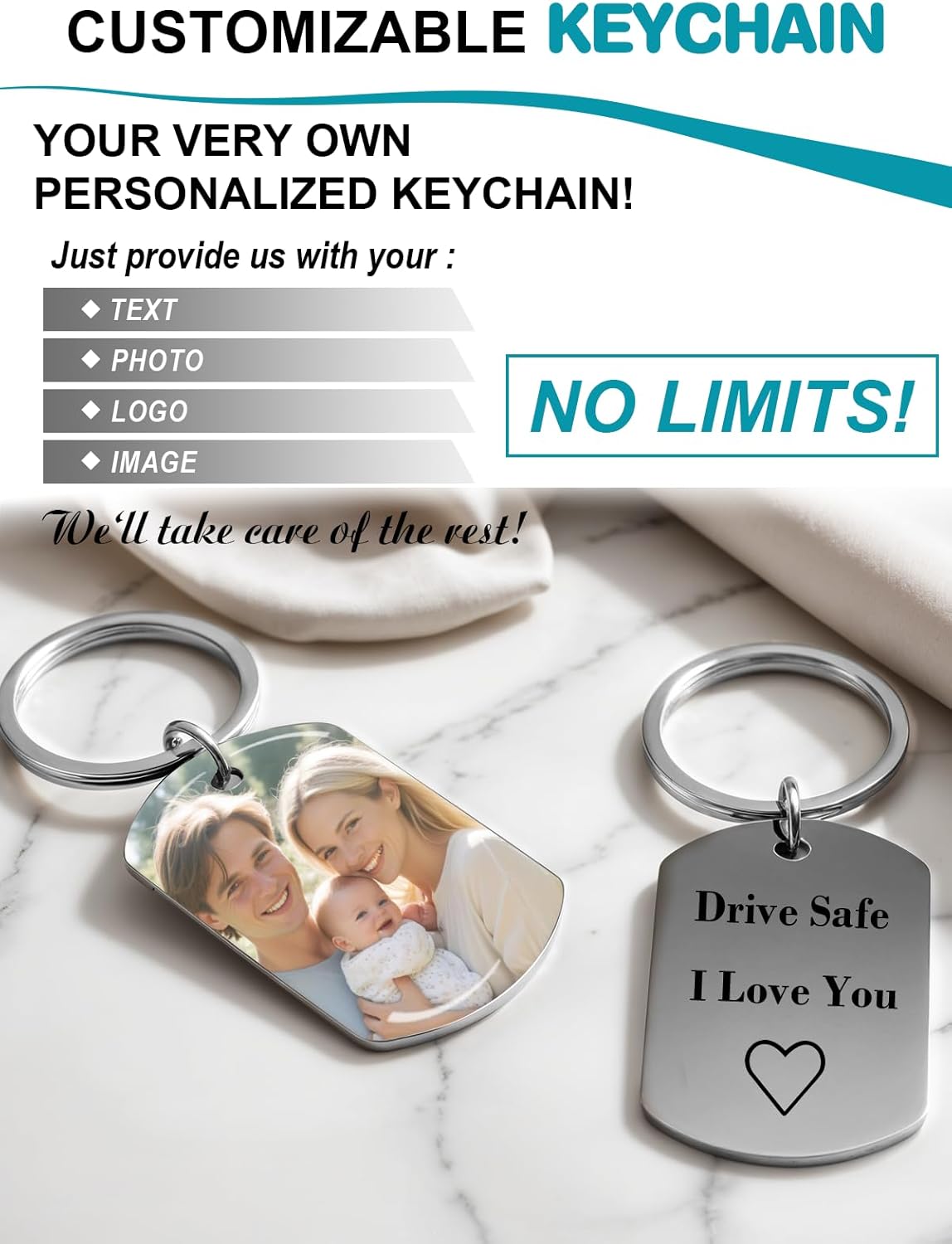 Custom Keychain with Picture - Personalized Photo LOGO Text Customized Key Chain for Boyfriend Dad Men Gifts