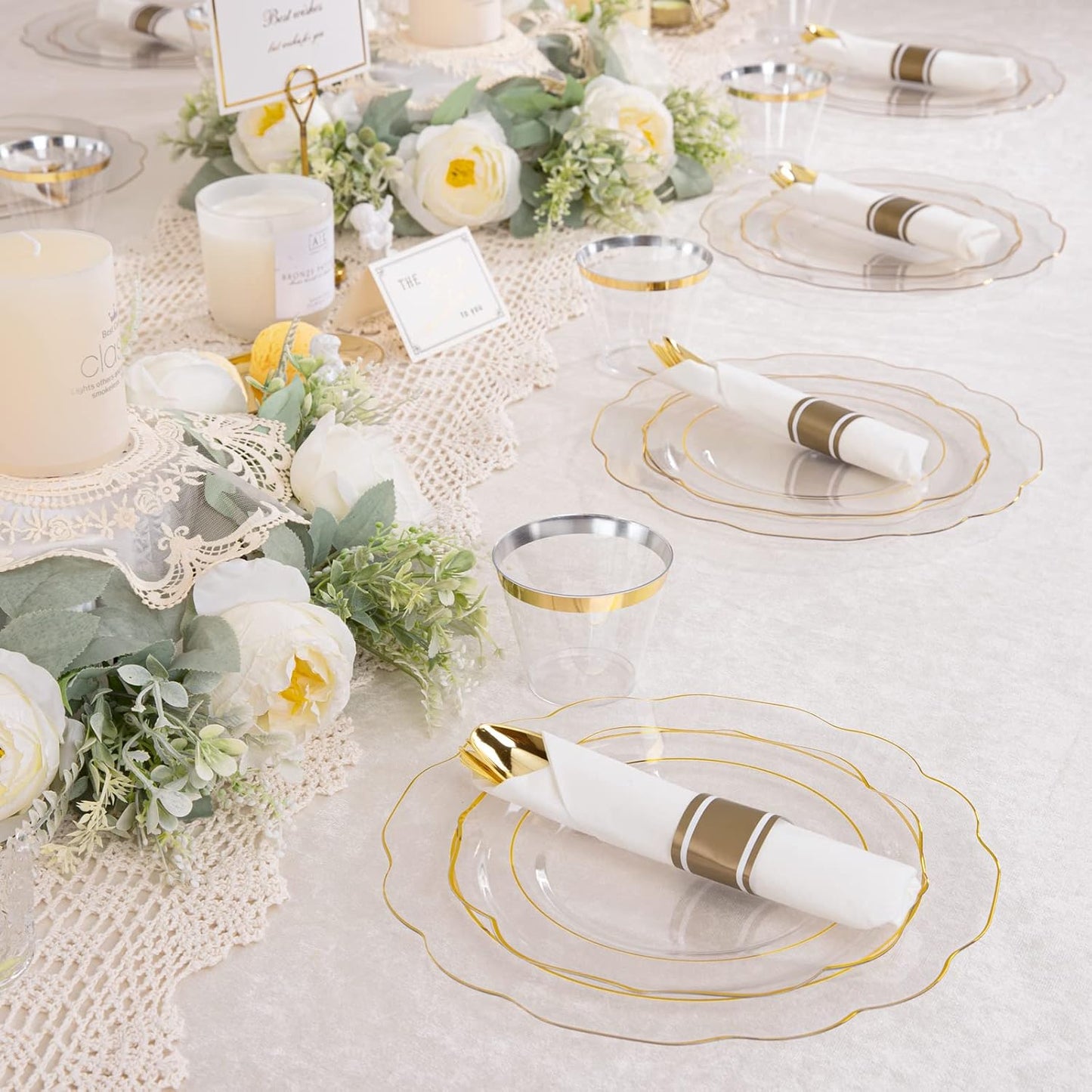 NOCCUR 50Guest Gold Rim Clear Plastic Plates&Disposable Silverware Cups-Include 100Plastic Plates, 150Gold Utensils, 50Cups and 50Napkins-Idea for Wedding/Fall Party/Thanksgiving